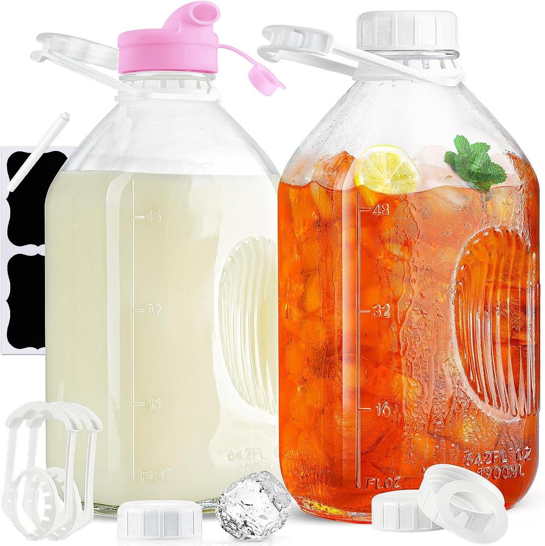 1/2 Gallon Glass Milk Bottle with REUSABLE AIRTIGHT SCREW Lid & Handle - 2 Qt Heavy Duty Glass Water Bottles - Breastmilk Jug Pitcher with Scale Lines, Milk Container for Refrigerator Storage