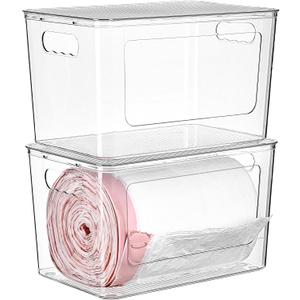 Vtopmart 2 Pack Trash Bag Holder, Stackable Garbage Bag Dispenser for 13/30/33 Gallon Bags, Clear Organizer Bins for Under Kitchen Sink, Laundry Room Organization and Storage