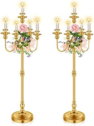 2 Pcs Gold Wedding Floor Candelabra 50 Inch Antique Candle Stand Metal 5 Arm Candelabra Centerpiece Decoration for 5 Candlesticks Bridal Shower Christmas Aisle Event Birthday Party Ceremony Home