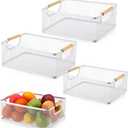 Rtteri 4 Pack White Metal Wire Basket with Wood Handle 2 Size Large Metal Mesh Basket Stackable Wire Storage Bin for Pantry Food Snacks Storage Kitchen Organizing