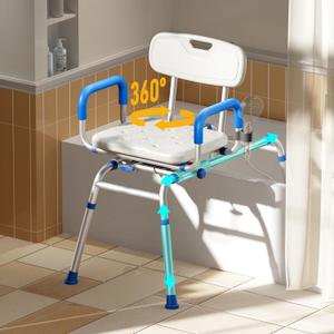 Sliding Shower Chair with Extra-Wide 360 Swivel Seat, 330lbs Tub Transfer Bench, Non-Slip & Padded Arms, Adjustable Height for Elderly & Disabled Inside Shower, Rectangular