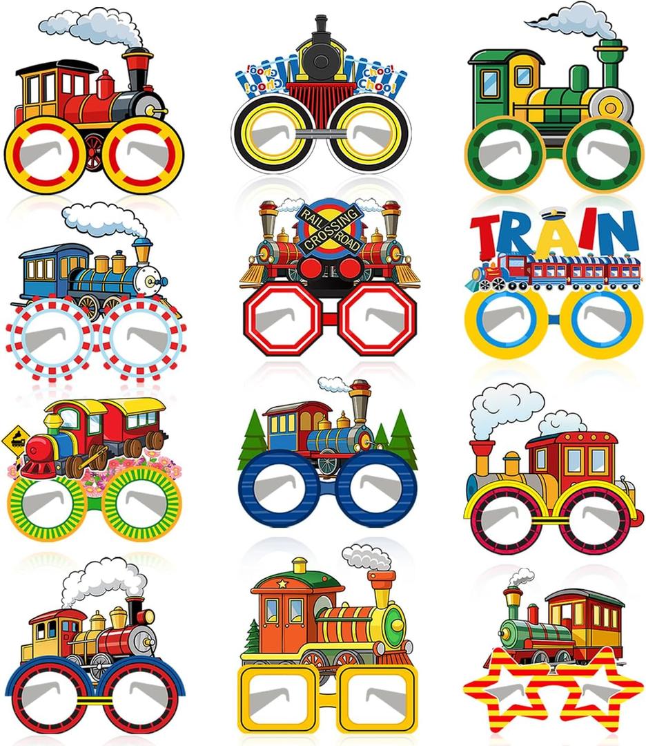 24 PCS Train Party Paper Eyeglasses, Train Party Favors Decorations Supplies, Train Birthday Party Decorations Gifts Photo Booth Props for Kids Boys Girls