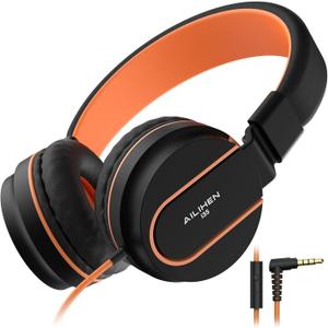 AILIHEN Kids Headphones, I35 On-Ear Headphones for School, Safe Volume 93dB, HD Mic Stereo Headphone for Kid Girls Boys, Foldable 3.5mm Wired for Chromebook, Laptop, Computer, Tablet (Black Orange)