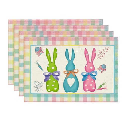 Artoid Mode Green Blue Pink Buffalo Plaid Bunny Happy Easter Placemats Set of 4, 12x18 Inch Seasonal Holiday Table Mats for Party Kitchen Dining Decoration