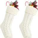 Fesciory 18 Inches Christmas Stockings Bulk, 2 Pack Large Size Cable Knitted Fireplace Hanging Stockings for Family Holiday Xmas Party Decorations, Ivory White