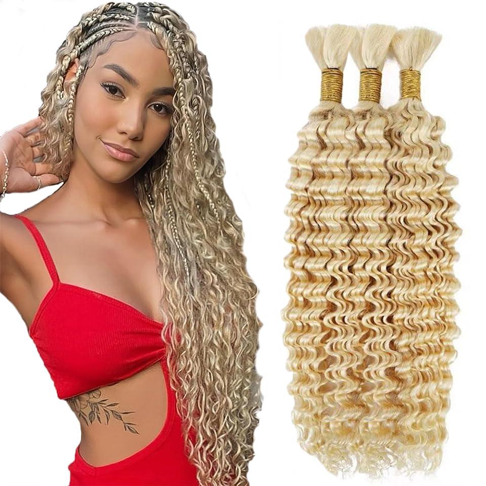 #613 Blonde Human Braiding Hair for Boho Braids 26 26 26 Inch #613 Deep Wave Bulk Human Hair Knotless Boho Braiding Curly Virgin Hair Extensions 150g 3 Bundles/Pack