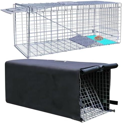 Live Animal Trap Cage with Cover, Cat Trap for Stray Cats 32 Inch Heavy Duty Folding Skunk Traps with Real Door for Raccoons, Opossums, Groundhogs, Skunks, Feral Cats, Squirrels-(32 x 10 x 12 inches)