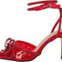 VETASTE Women's Double Bow Pointed Toe Ankle Strap Crystal Pumps Wedding Bridal Party Stilettos Backless Satin Heeled Sandals (Red)