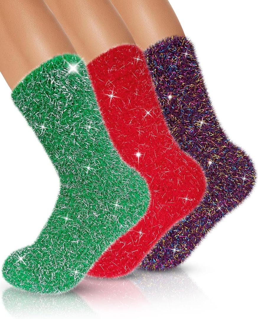 AIVEI Sparkly Fuzzy Socks for Women Men, Christmas Gifts Stocking Stuffers, Funny Cute Crazy Fluffy Plush Slipper Socks for Girls Boys 3 Pairs