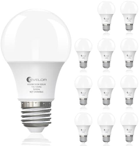 evelor A19 LED Light Bulbs,60 Watt Equivalent Daylight 5000K with E26 Base,Efficient 9W,800 Lumens Non-Dimmable LED Bulbs,15000 Hours, Ideal for Bedroom Living Room, 12-Packs