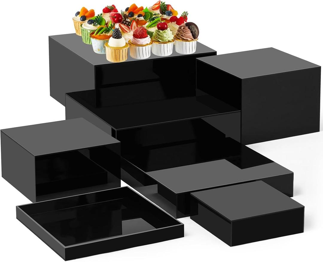 Leinuosen 7 Pcs Buffet Risers Set Acrylic Display Box 6" 7" 8" 9" 10" 11" 12" Food Risers for Buffet Table 5 Sided Display Cube Box with Hollow Bottom Nesting Acrylic Stand for Wedding Party(Black)