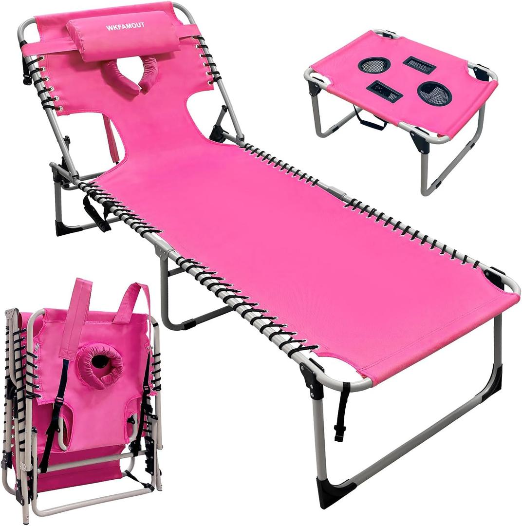 Backpack Sun Tanning Chair with Face Hole & Beach Table, 5-Position Adjustable Folding Lounge Chair Outdoor for Lawn Patio Garden