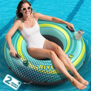 2 Pack 53" Heavy Duty River Tube Float for Adults,Inflatable River Raft Float for Pool Lake Beach with Built-in Cup Holders,Ergonomic Backrest,Durable Grip Handles & Grab Rope,360Lb Weight Capacity
