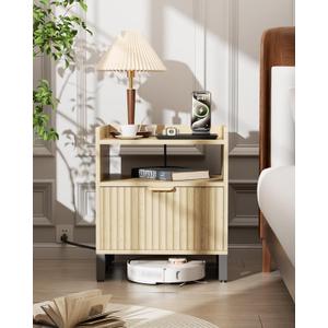 Fluted Night Stand with Charging Station, Wood Nightstand with Large Drawer and Open Storage Cabinet, Mid-Century Modern Bedside Table End Table for Bedroom Closet Office