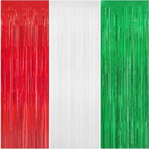 3 Pack Christmas Tinsel Foil Fringe Curtain 8x9.84 Ft Backdrop Curtain Red White Green Streamers for Christmas Fiesta Mexican Italian Birthday Baby Show Party Decorations