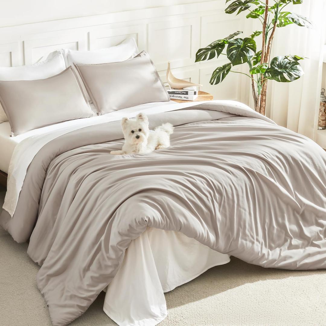 Litanika Linen Grey Comforter Set King Size, 3 Pieces Lightweight Solid Bedding Comforter Set, All Season Fluffy Bed Set (104x90In Comforter & 2 Pillowcases)