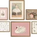 Nursery Pink Wall Art Decor Baby Girl Canvas Wall Art Vintage Floral Prints Kids Room Wall Decor Preppy Flower Poster Antique Pink Pictures Swans Painting for Girls Room Bedroom 8x10x6 Inch Framed