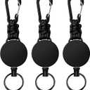 Retractable Keychain 3 Pack Heavy Duty Carabiner Badge Holder Extendable Badge Reel ID Holder Key Ring with 60 cm Steel Retractable Cord and Paracord (Black)