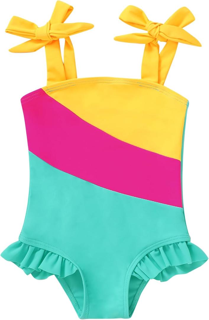 YOUNGER TREE Toddler Swimsuit Girl Color Block Stripe One-Piece Swimwear Baby Girl Bathing Suits (3-4T, Yellow-green)