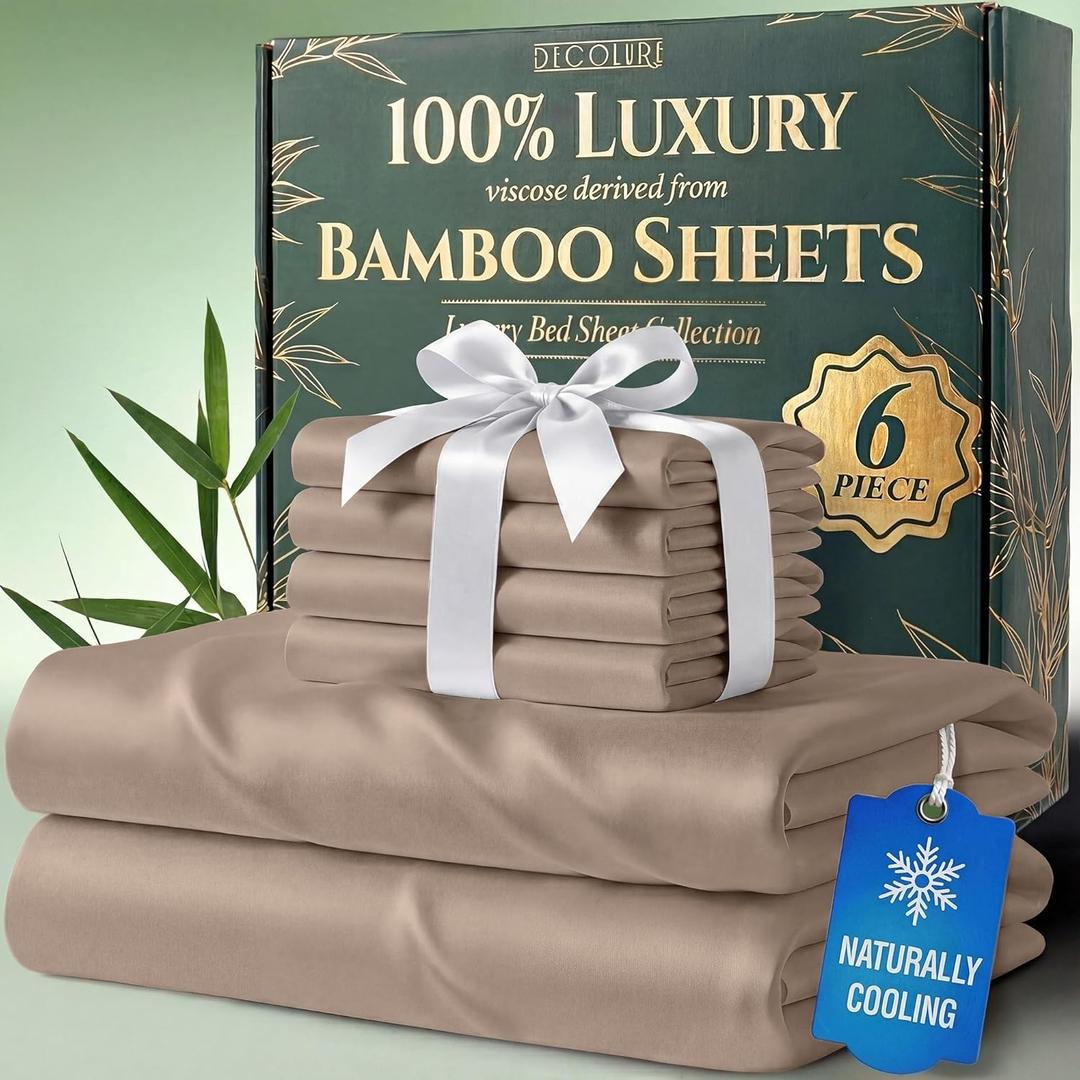 DECOLURE 100% Viscose Derived from Bamboo Sheets Queen Size - Luxury 6 Pc Naturally Cooling Sheets, Ultra Soft Bed Set - Deep 17" Pockets, Durable Double Stitching, Oeko Tex Standard (Taupe)