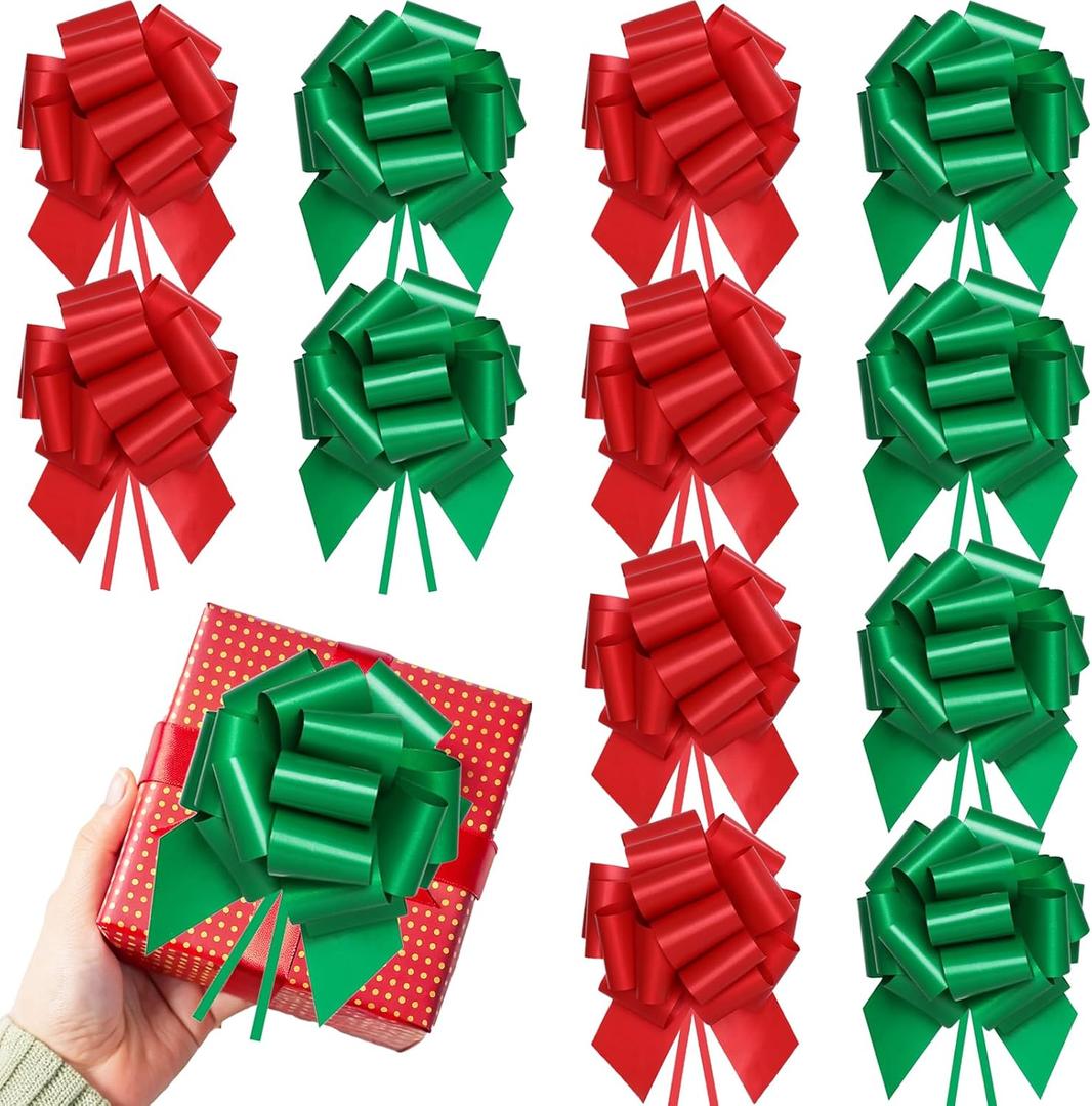 12 Pcs Large Christmas Bows for Gift Wrapping, 5 inch Xmas Pull Bows Christmas Ribbon for Presents, Tree, Wine Bottles, Festive Decorations - Red + Green