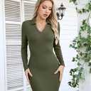 VICHYIE Women Lapel Neck Ribbed Bodycon Tight Fall Dress Long Sleeve Mid Thigh Pencil Above Knee Dresses (Green, M)
