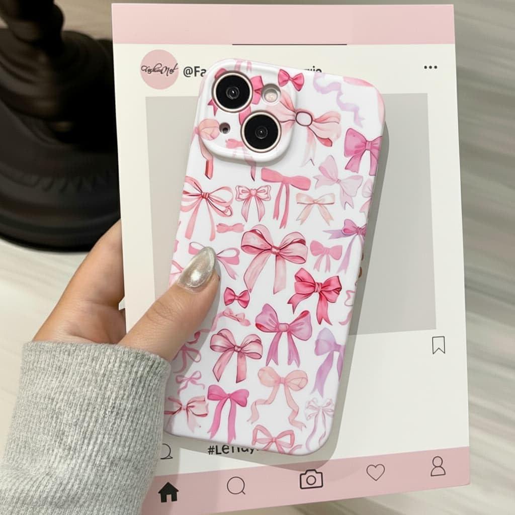 for iPhone 15 Case, Cute Pink Bows Pattern Aesthetic Phone Case, Raised Camera Protection Soft Slim TPU Shockproof Protective Phone Cover for Girls Women - Pink