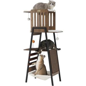 FourFurPets Modern Cat Tree, 58-Inch Cat Tower for Large Cats, Maine Coon Cat Tree with Scratching Board, Large Perch, Hammock and Removable Pads, Greige