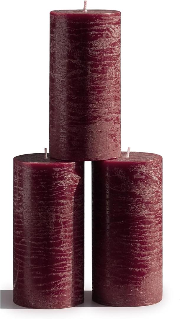 CANDWAX Large Pillar Candles 3x6 Inch  Set of 3 Unscented Dripless Burgundy Candles, Long Burning Rustic Finish for Weddings, Home Decor
