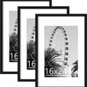 Abtgt 16x24 Frame Set of 3, Display Pictures 12x18 with Mat or 16 x 24 without Mat, Poster Frames for Vertical & Horizontal Wall Hanging Display, Black