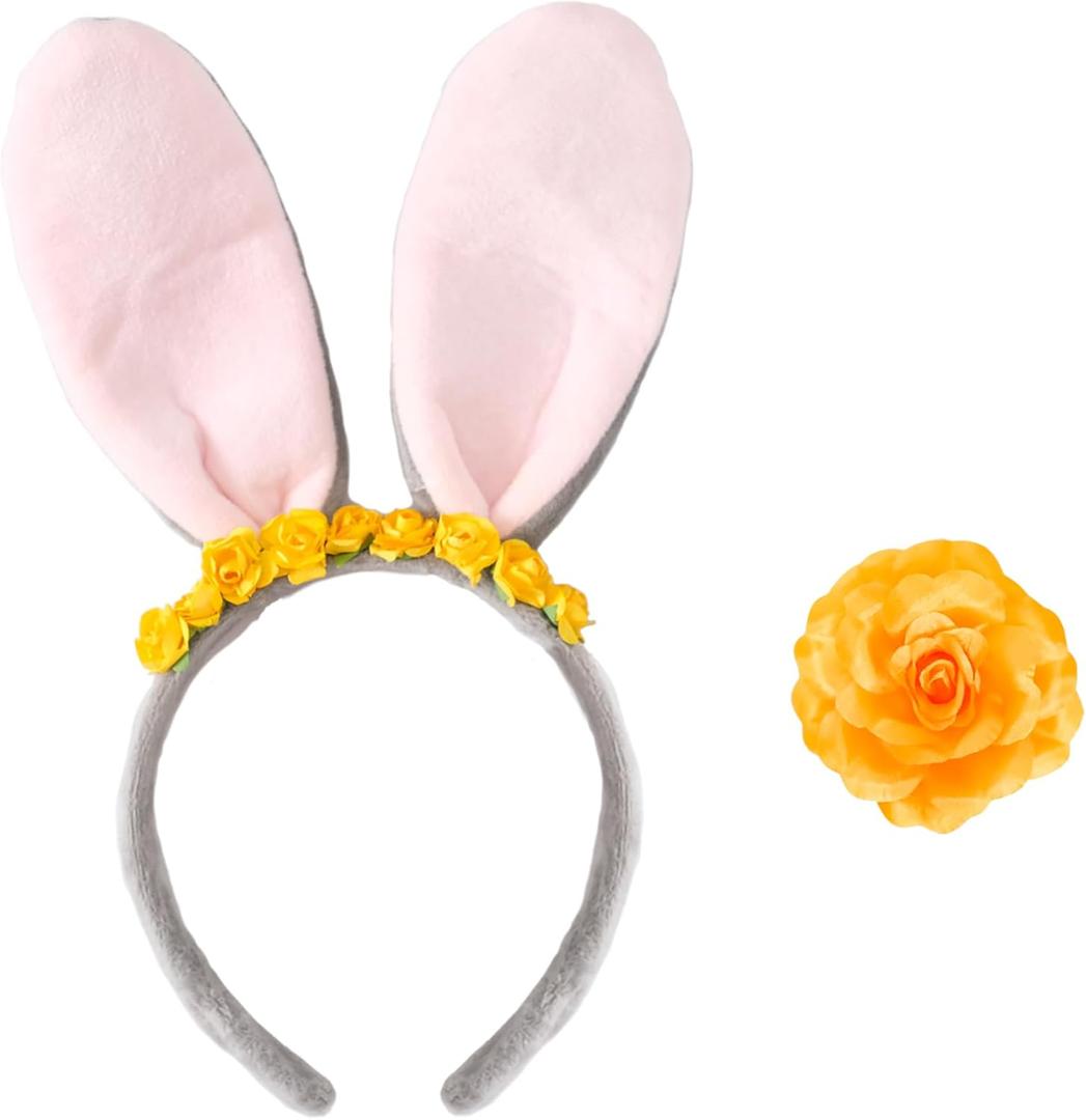 2 x 2PCS Bunny Costume Accessories Animal Rabbit Ear Headband Floral Pin Women Halloween Cosplay