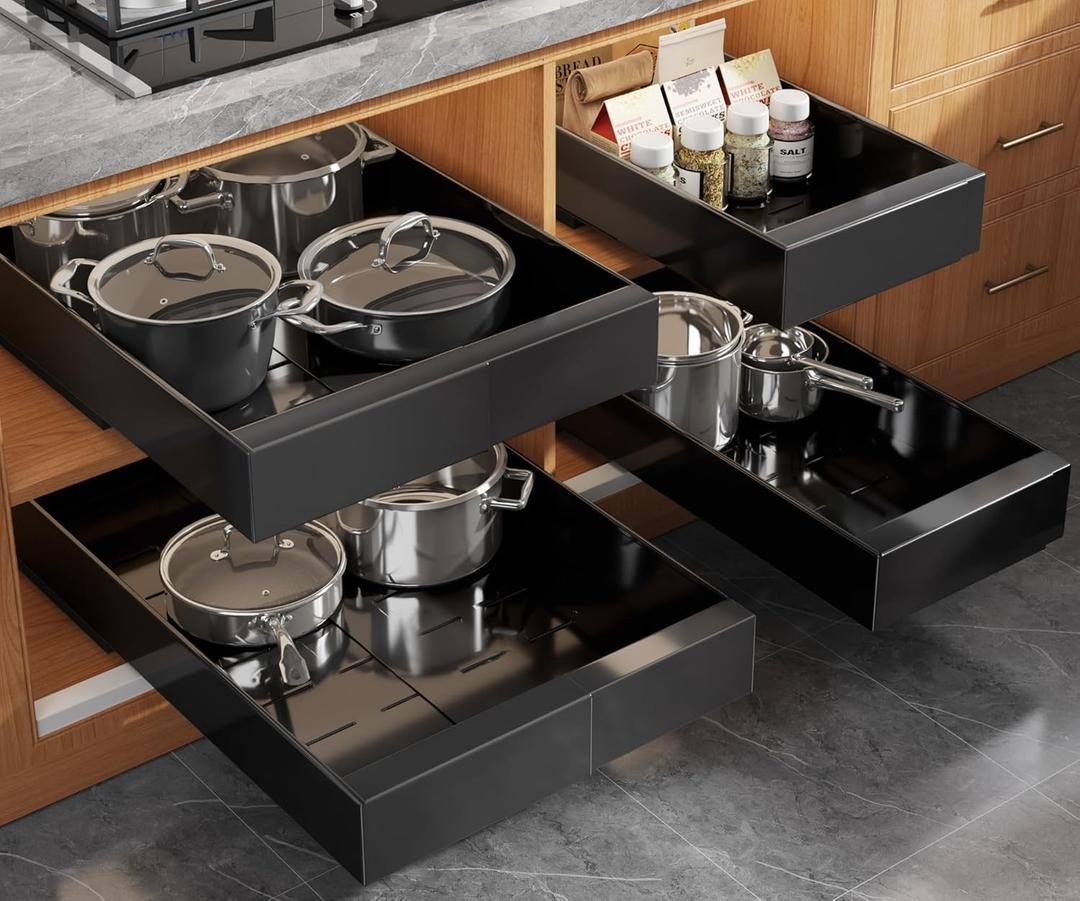 Seinloes 4 Pack Expandable (9"-14") Pull Out Cabinet Organizer 21" Deep With Raising Pad for Framed Cabinets,Upgrade 3 Slide Rails Slide Out Drawers,No Drill Roll Out Shelves Adhesive,Black