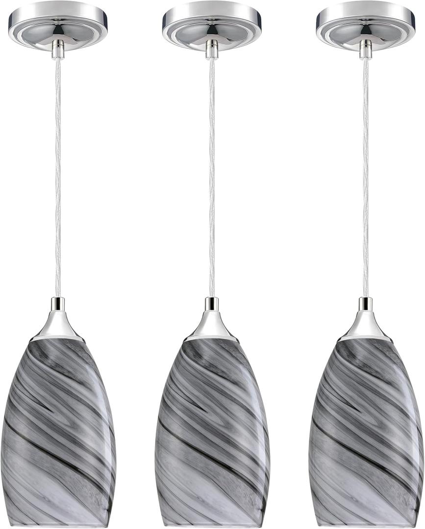 Adjustable 3 Pack 1 Light Indoor Mini Hanging Kitchen Island Pendant Lamps Polished Nickel Finish Hand Blow Grey Glass Chandelier Shade Bar Dining Room Kitchen Island (Gray)