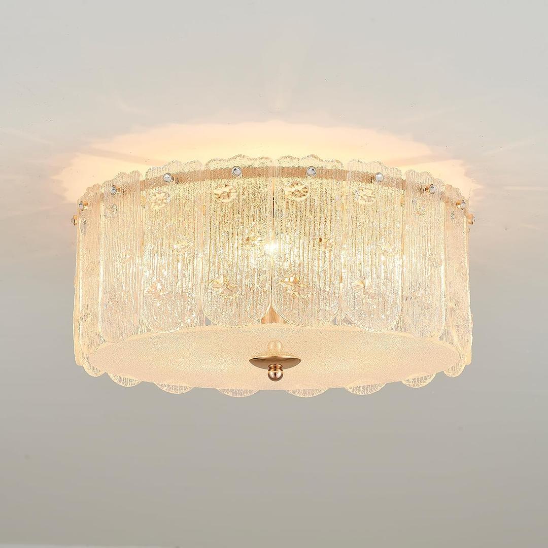 15 Textured Glass Semi Flush Mount Ceiling Light Classic Crystal Brass Chandelier Modern Luxury Ceiling Lighting Fixtures for Kitchen Bedroom Living Dining Room, UL Listed