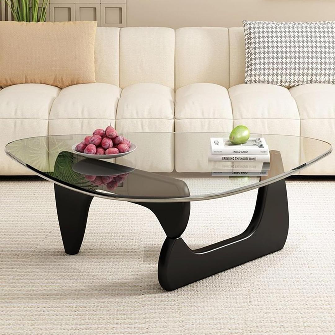Mid Century Modern Coffee Table - Abstract Oval, Triangle Rustic Unique with Wood Legs, Black Transparent, 35.4in