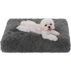 Bedfolks Waterproof Crate Bed, Plush Dog & Cat Kennel Pad, Faux Fur, Washable, 23"x18", Dark Grey