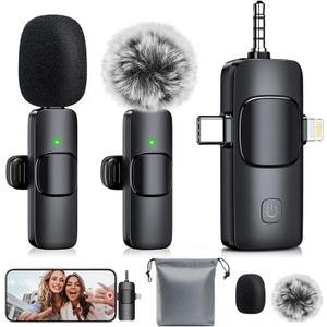 Mini Microphone, 3 in 1 Wireless Lavalier Microphones for iPhone, iPad, Camera and Android Devices, Noise Reduction Lapel Mic (Abyssal black)