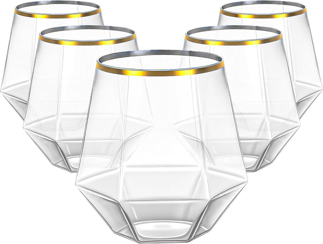 Lullaby 40pcs Plastic Wine Glasses with Gold Rim, 12oz Clear Disposable Wine Cups for Champagne Whiskey Cocktail, Perfect for Parties, Weddings and Daily Use