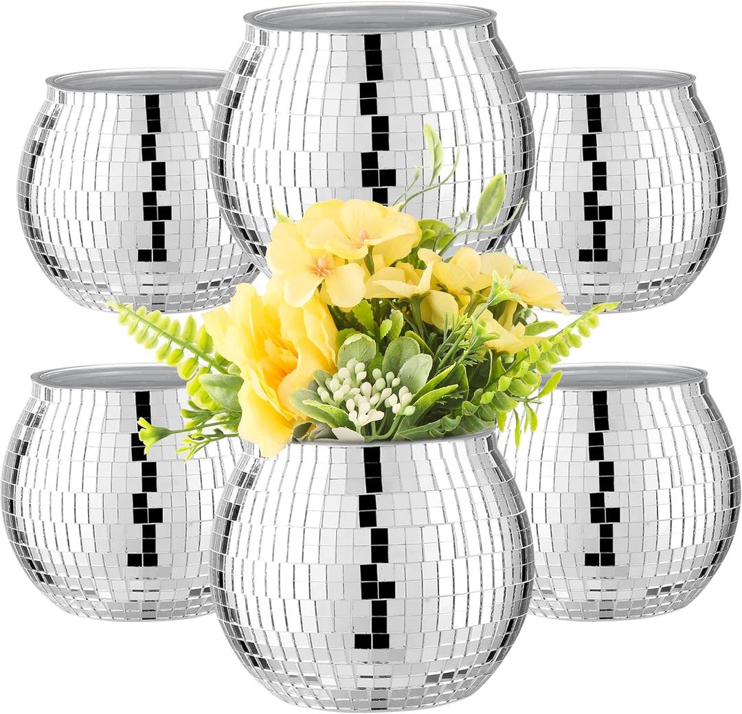 6 Pcs Disco Ball Vase Disco Ball Planter for Centerpieces Disco Ball Decor Flower Vase with Silver Mirror Glass for Wedding, Birthday, Party (4" X 4.7")