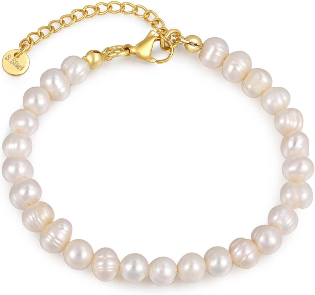 Crystal Vibe White Freshwater Pearl Bracelets for Women - Pearl Bracelet with Adjustable Golden Clasp - Gifts for Women - Gifts for Birthdays Anniversary Freindship