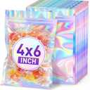 50 Pack Holographic Mylar Bags, 4'' x 6 Packaging Bags for Small Business, Resealable Smell Proof Bag, Holographic Rainbow Color Resealable Bag Zip Baggie for Food Storage & Jewelry Packaging