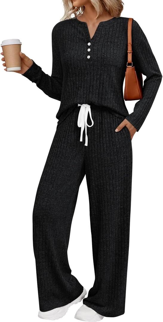 LILLUSORY Womens 2 Piece Lounge Sets Matching Airport Travel Outfits 2026 Spring Clothing Fall Pajamas Sweat Suits Pockets (Small, Black)