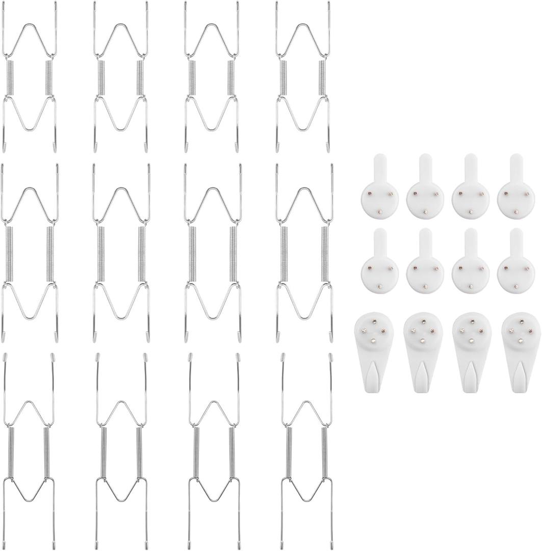 Bilillo 12 Pieces Plate Wall Hangers for Display - 4/6/8 Inch Invisible Plates Hanger, Stainless Steel Plate Holders with 12 Pieces Wall Hooks for 4 to 10.5 Inch Decorative Plates and Arts (Silver)