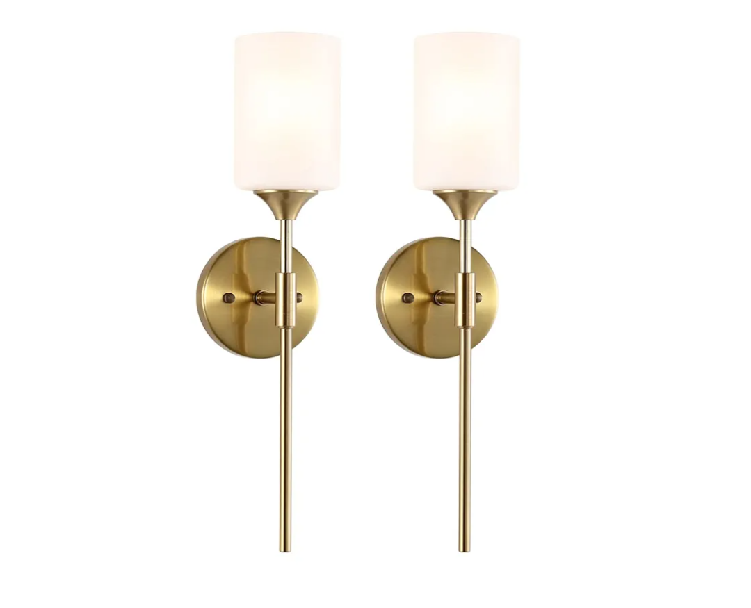Gold Wall Sconce Set of 2 with White Cylinder Glass Shades Modern Mid Century Bathroom Vanity Wall Light Fixtures Industrial Brushed Brass Wall Lamp for Bedroom Mirror Living Room Restaurant
