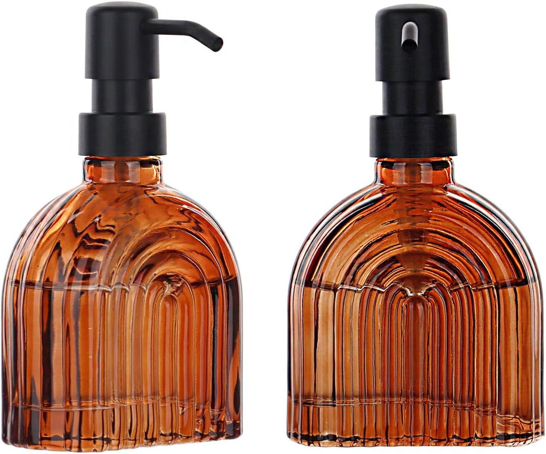 2 Pack Glass Soap Dispenser Bathroom, 9 Oz Kitchen Soap Dispenser, Refillable Liquid Modern Soap Dispenser for Hand Soap, Lotion Dispensers Bottle - Home, Commercial Countertop Decor. (Brown)