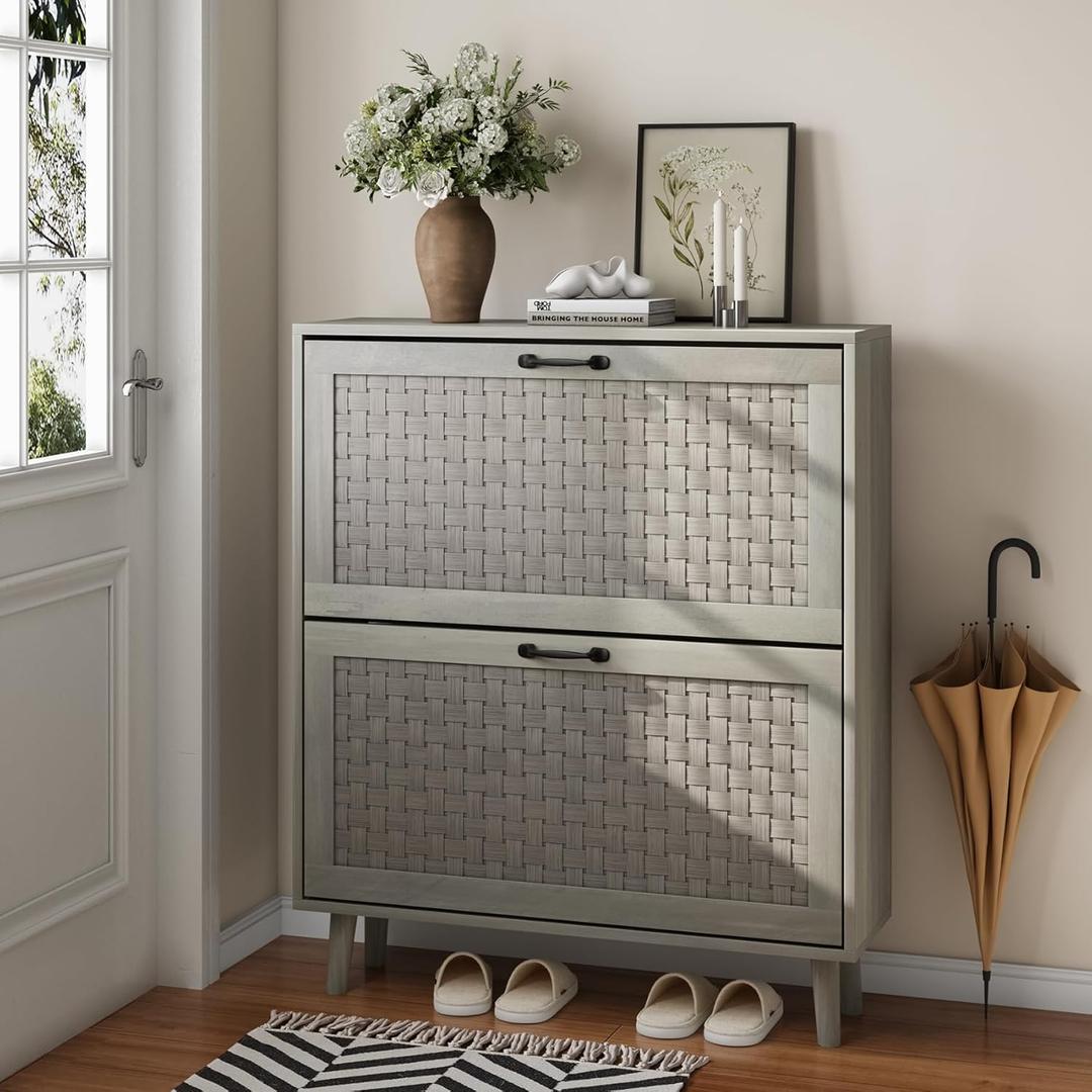 Shoe Cabinet with 2 Flip Handmade Woven Drawers, Rattan Shoe Organizer Cabinet, Slim Shoes Cabinet Storage for Entryway, Hidden Shoe Rack Cabinet, Rustic Oak (31.5 inch, Grey)