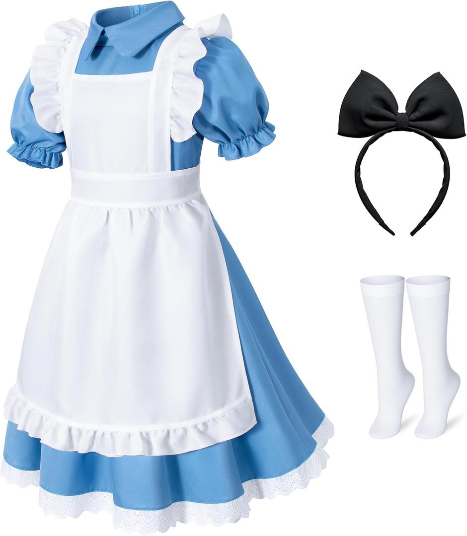 Irtysh Girl Blue Dress White Apron Halloween Cosplay Costume With Bow Hair Band Stockings Set(150)
