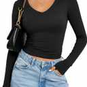 Avidlove Womens Long Sleeve Tops Double Lined V Neck Top Fitted Basic T Shirts Going Out Tops with Panties (Black, L)