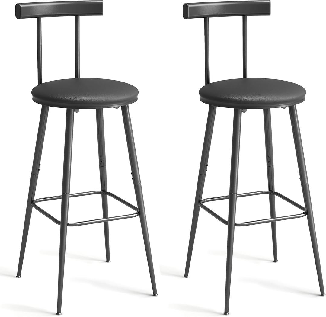 Bar Stools, Set of 2 High Kitchen Barstools, Bar Chairs with Backrest and Footrest, Industrial Counter Stools with PU Soft seat, for Kitchen, Living Room, Pub, Black BS-013BK