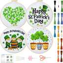 BEUNITONE 4 Set Embroidery Kit for Adults Beginners St. Patrick's Day Themed Embroidery Starter Kit with Instruction Cross Stitch Kit for DIY Crafts Green Plant Embroidery Kit for Gifts 12 in